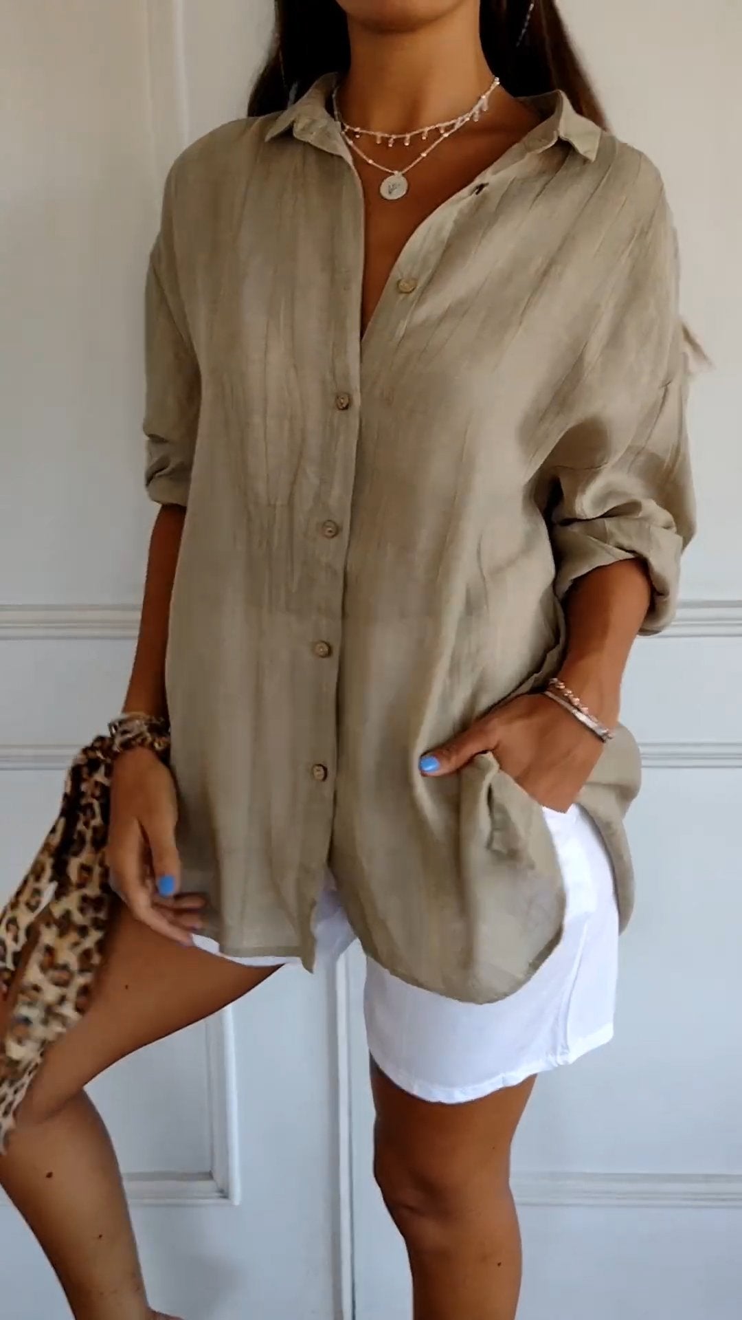 Women’s Button-Down Long Sleeve Blouse - Crinkled Linen Texture