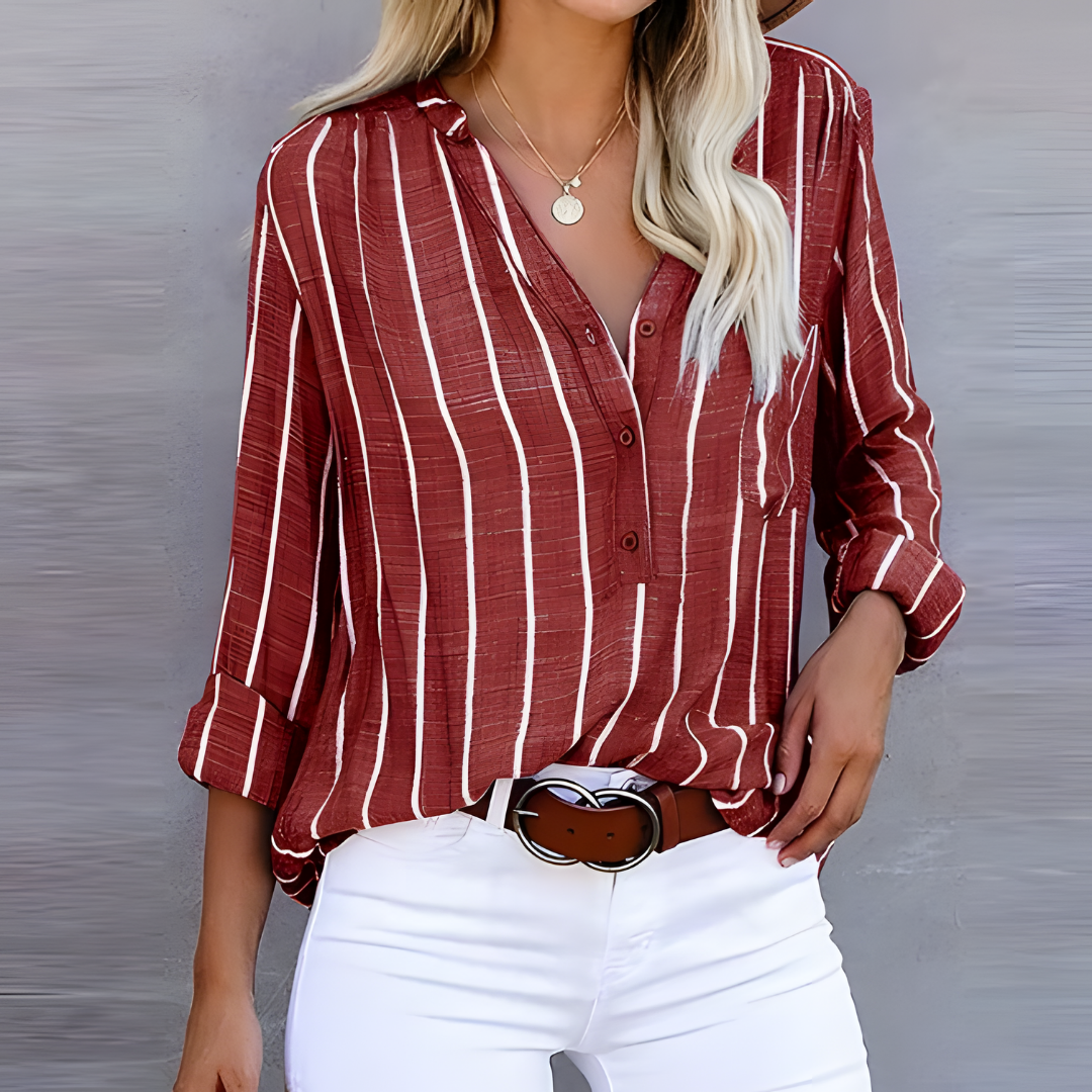 Women’s Button Down 3/4 Sleeves Blouse - Vertical Stripes Pattern