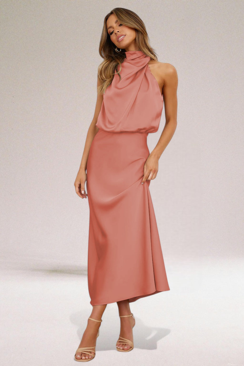 Women's Cowl Neck Sleeveless Midi Dress - Silky Draped Finish