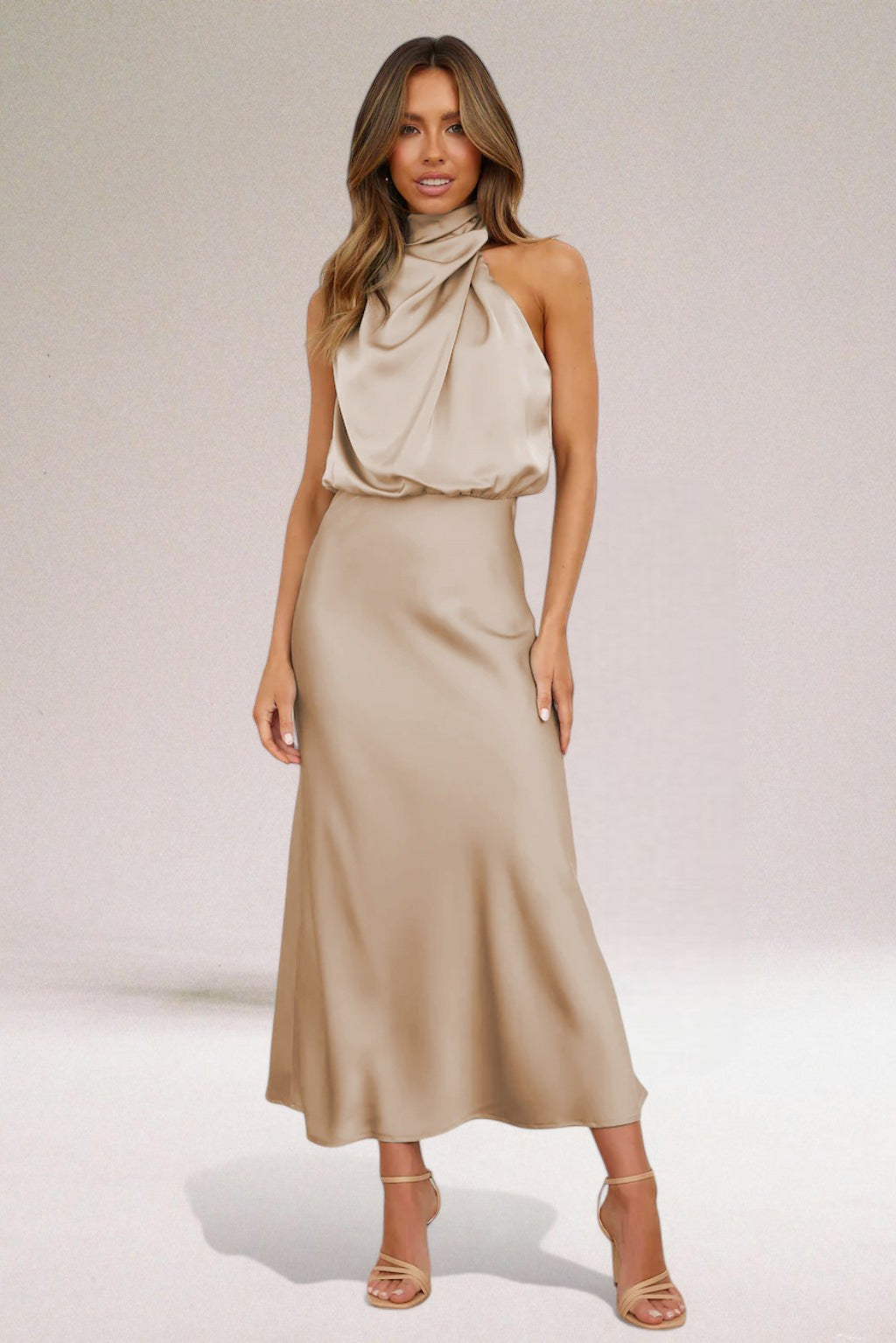 Women's Cowl Neck Sleeveless Midi Dress - Silky Draped Finish