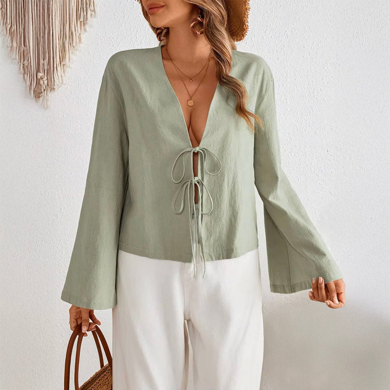 Women’s Deep V-Neck Bell Sleeves Top - Double Bow Tie