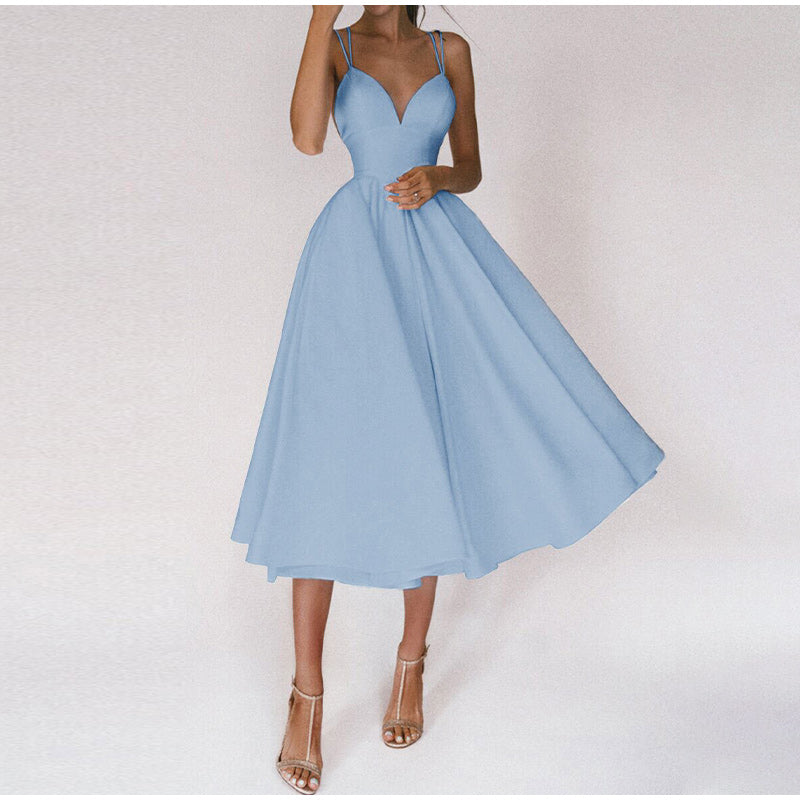 Women’s Double Spaghetti Strap Midi Dress - Pleated A-Line Skirt