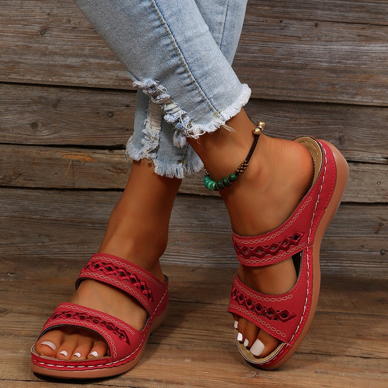 Women's Double Strap Slip-On Sandals - Cushioned Sole Design
