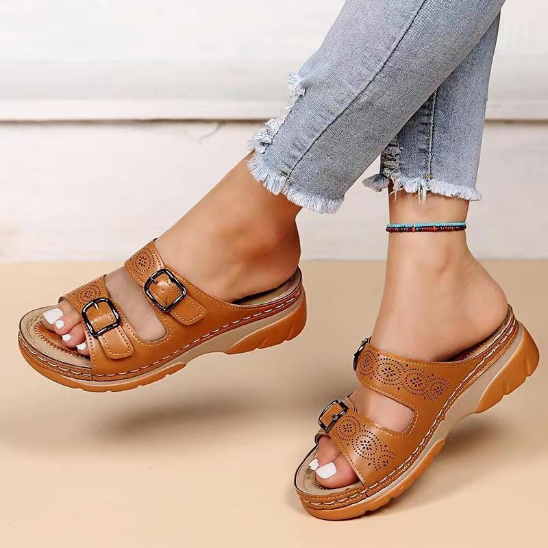 Women's Double Strap Wedge Sandals - Contrast Stitching Style