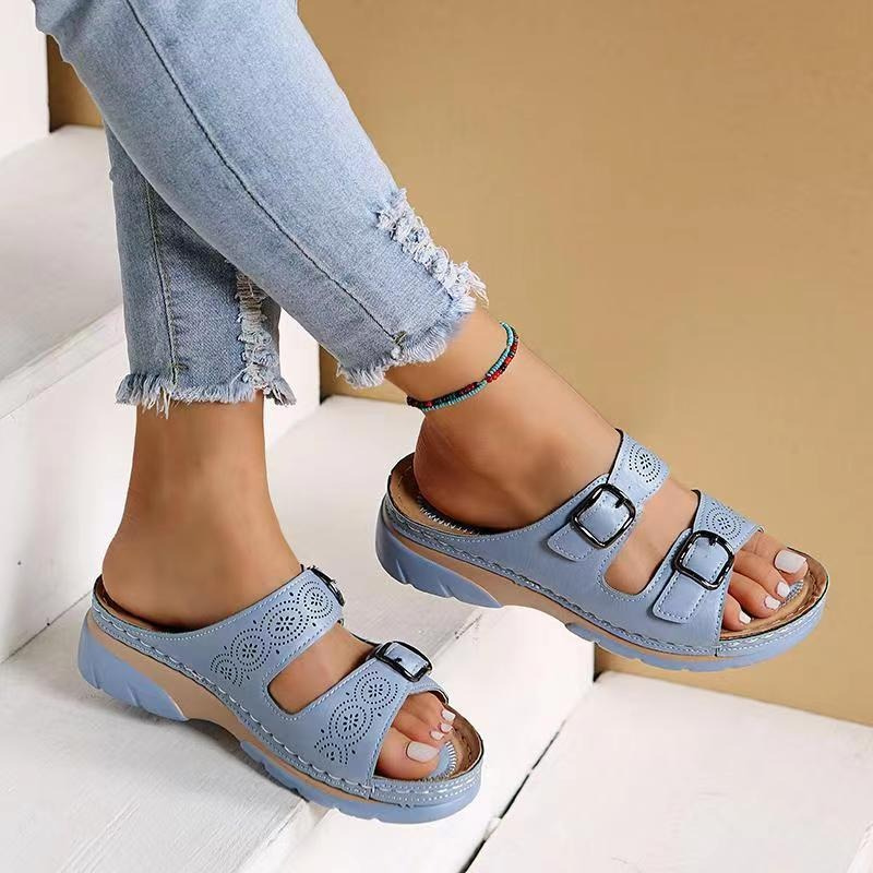 Women's Double Strap Wedge Sandals - Contrast Stitching Style