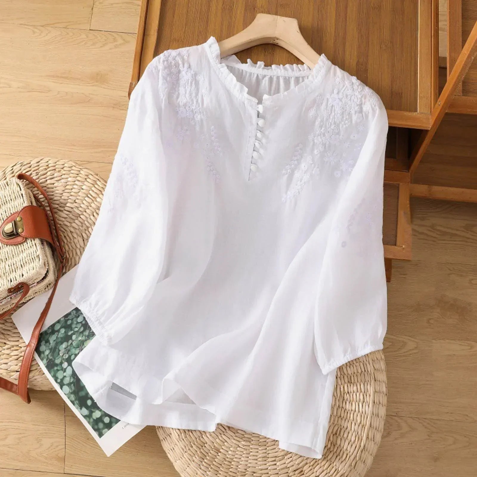 Women's Embroidered Blouse Boho Tunic Shirt Button Front