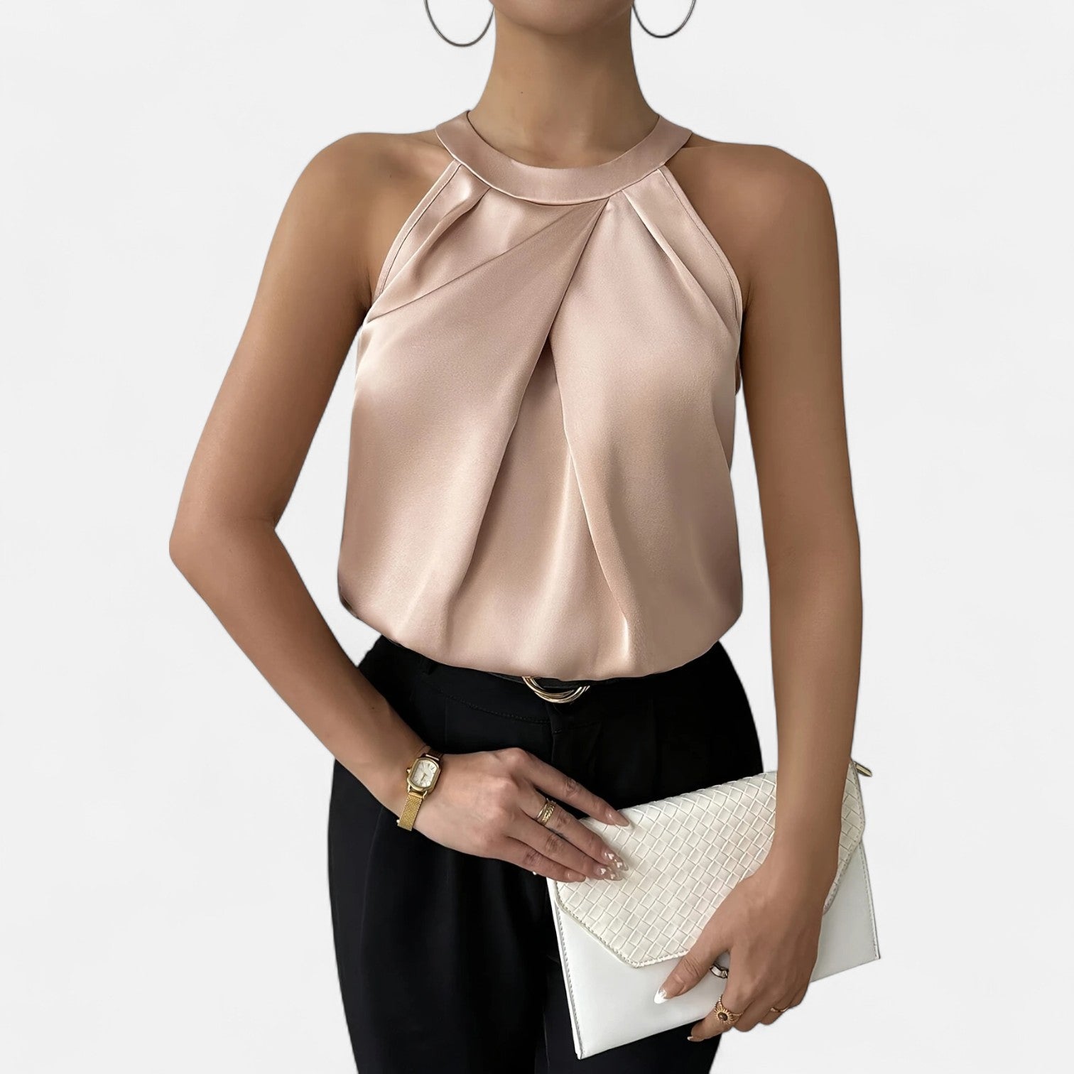 Women's Halter Neck Sleeveless Beige Top - Pleated Wrap Front
