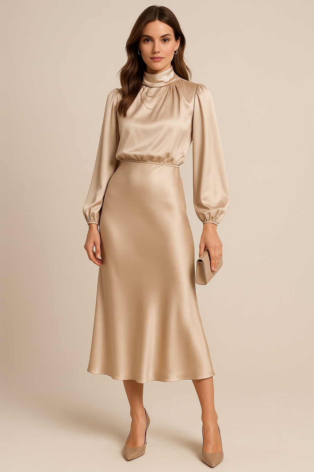 Women's High Neck Midi Dress - Long Balloon Sleeve A-Line