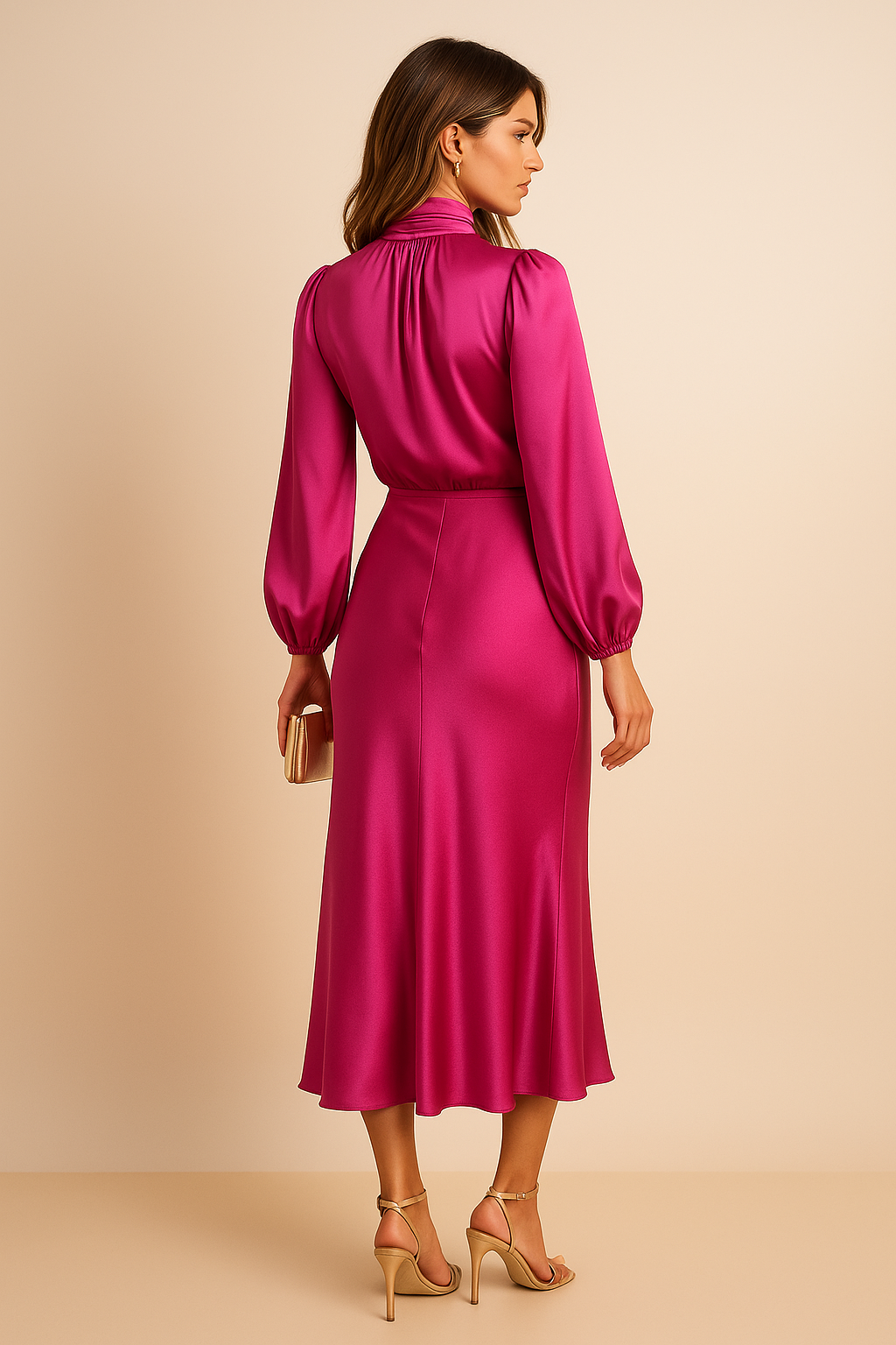 Women's High Neck Midi Dress - Long Balloon Sleeve A-Line