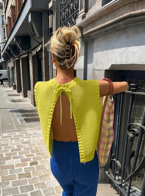 Women's Knit Summer Top Open Back Sleeveless Textured Vest