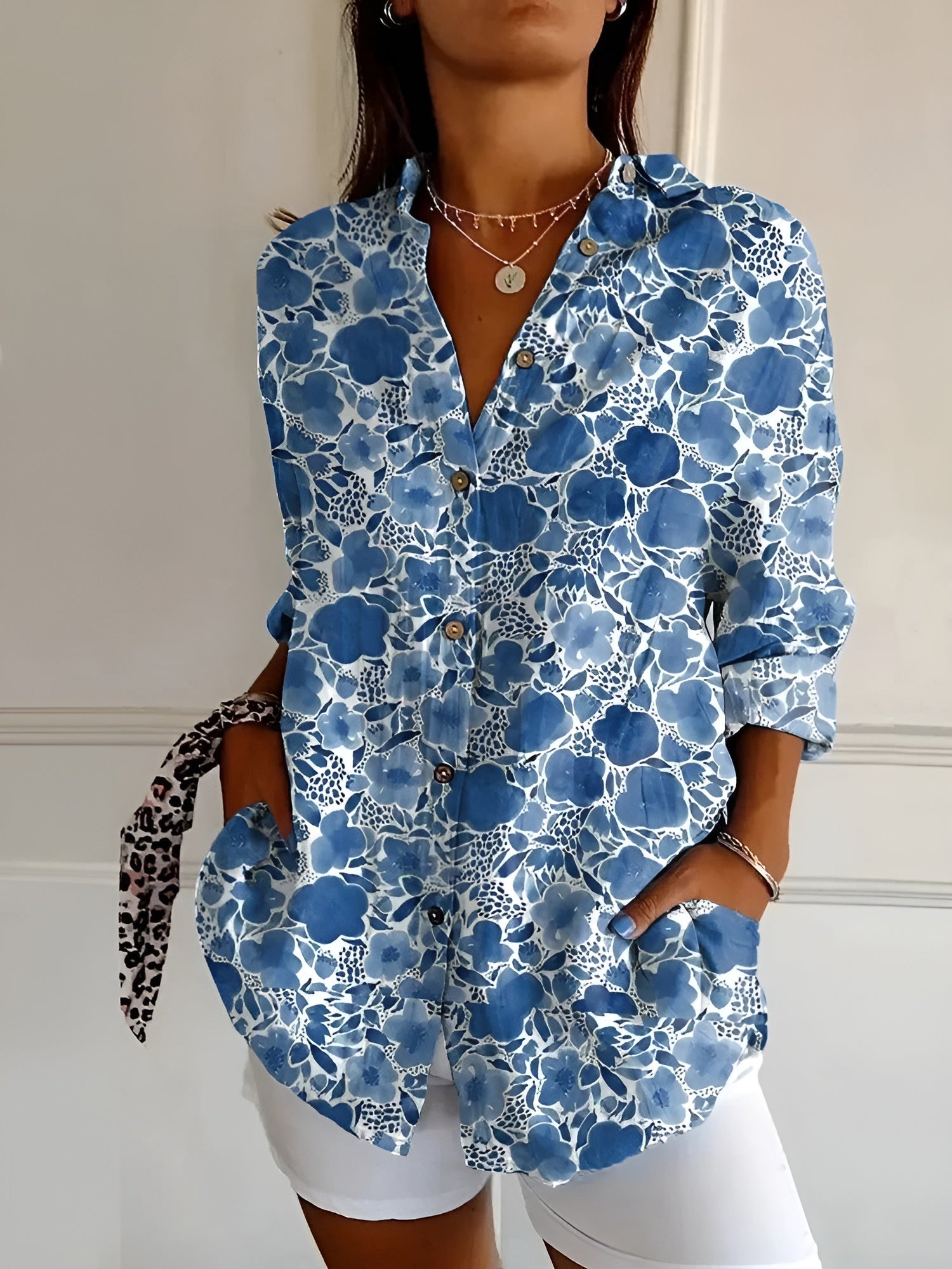 Women's Linen Blouse Floral Button Front Long Sleeve Shirt