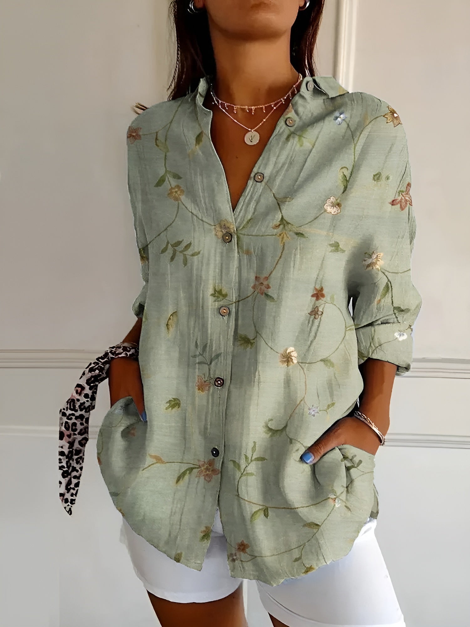 Women's Linen Blouse Floral Button Front Long Sleeve Shirt