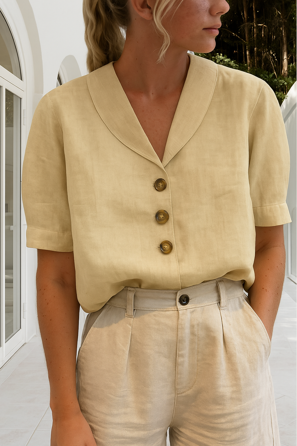 Women's Linen Blouse Short Sleeve Shawl Collar Button Front