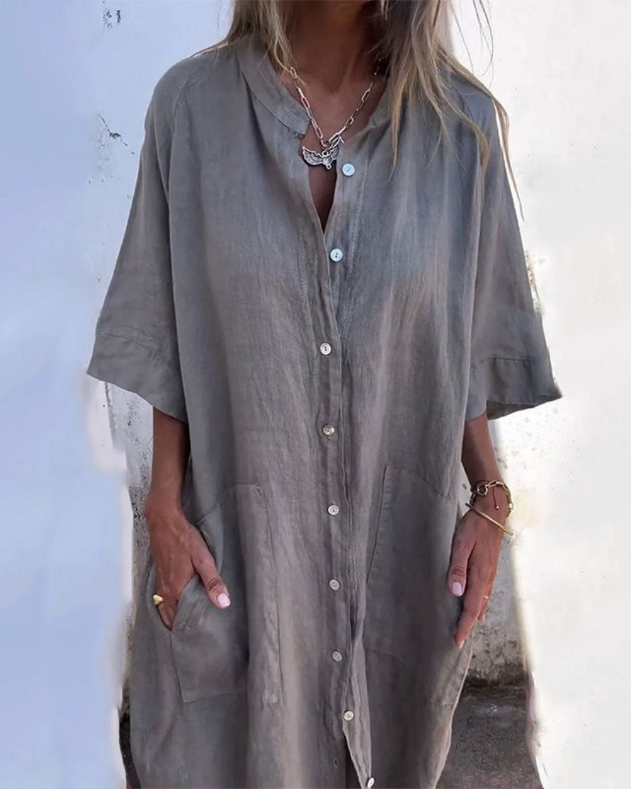 Women's Linen Dress Midi Shirt Button Front Loose Fit Boho