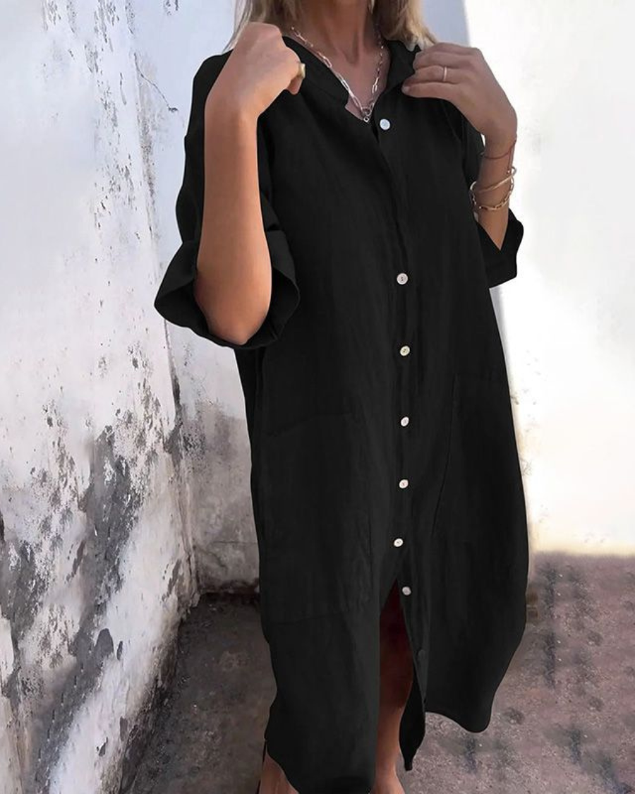 Women's Linen Dress Midi Shirt Button Front Loose Fit Boho