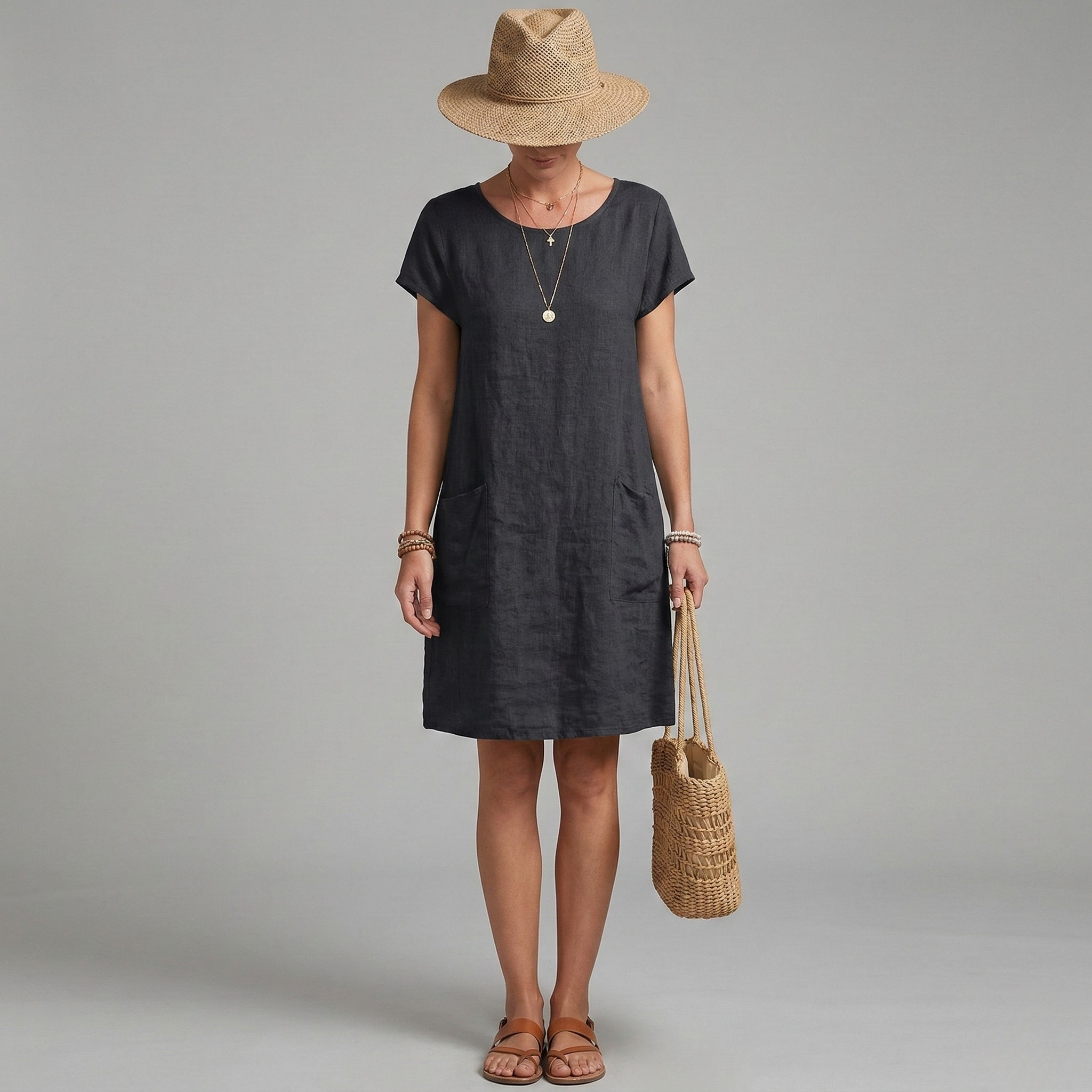 Women's Linen Mini Dress - Short Sleeve with Front Pockets