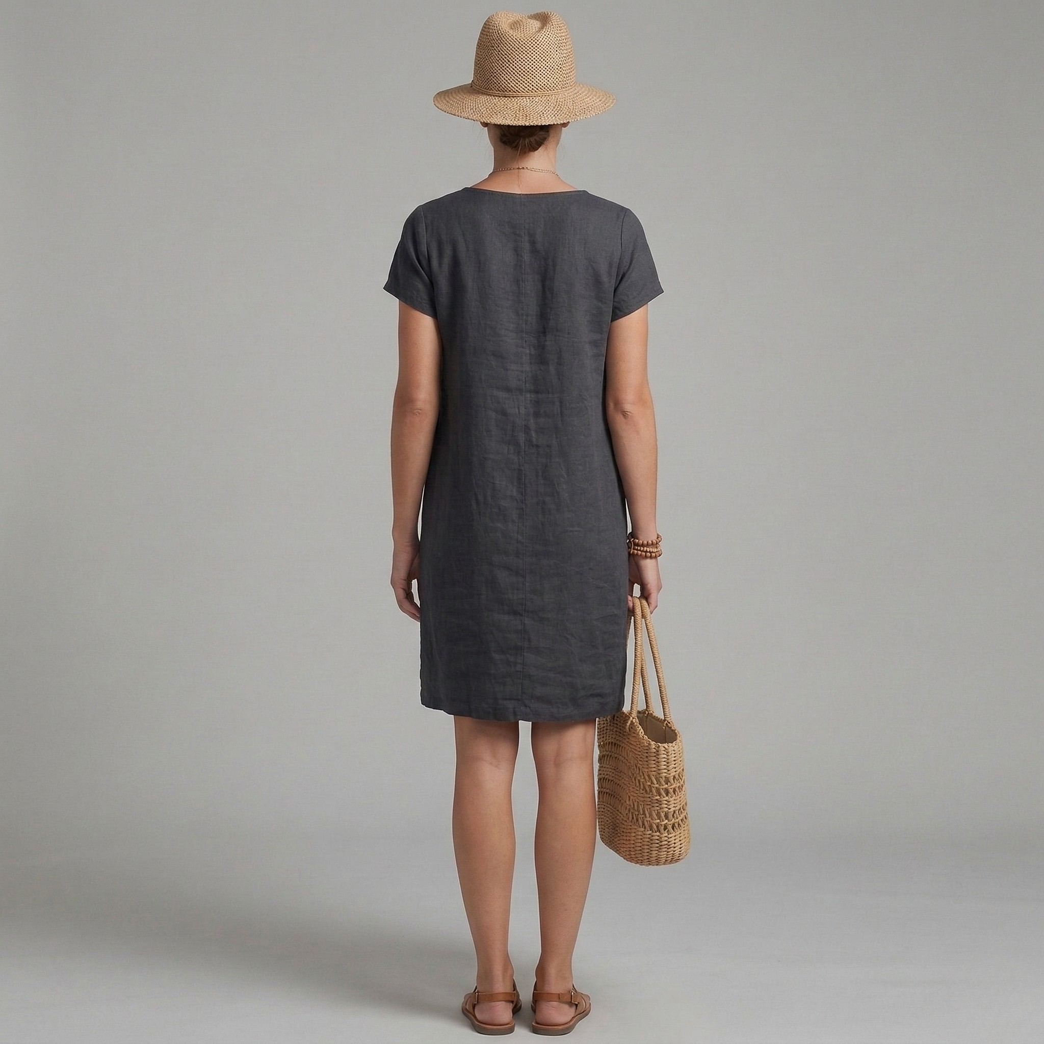Women's Linen Mini Dress - Short Sleeve with Front Pockets