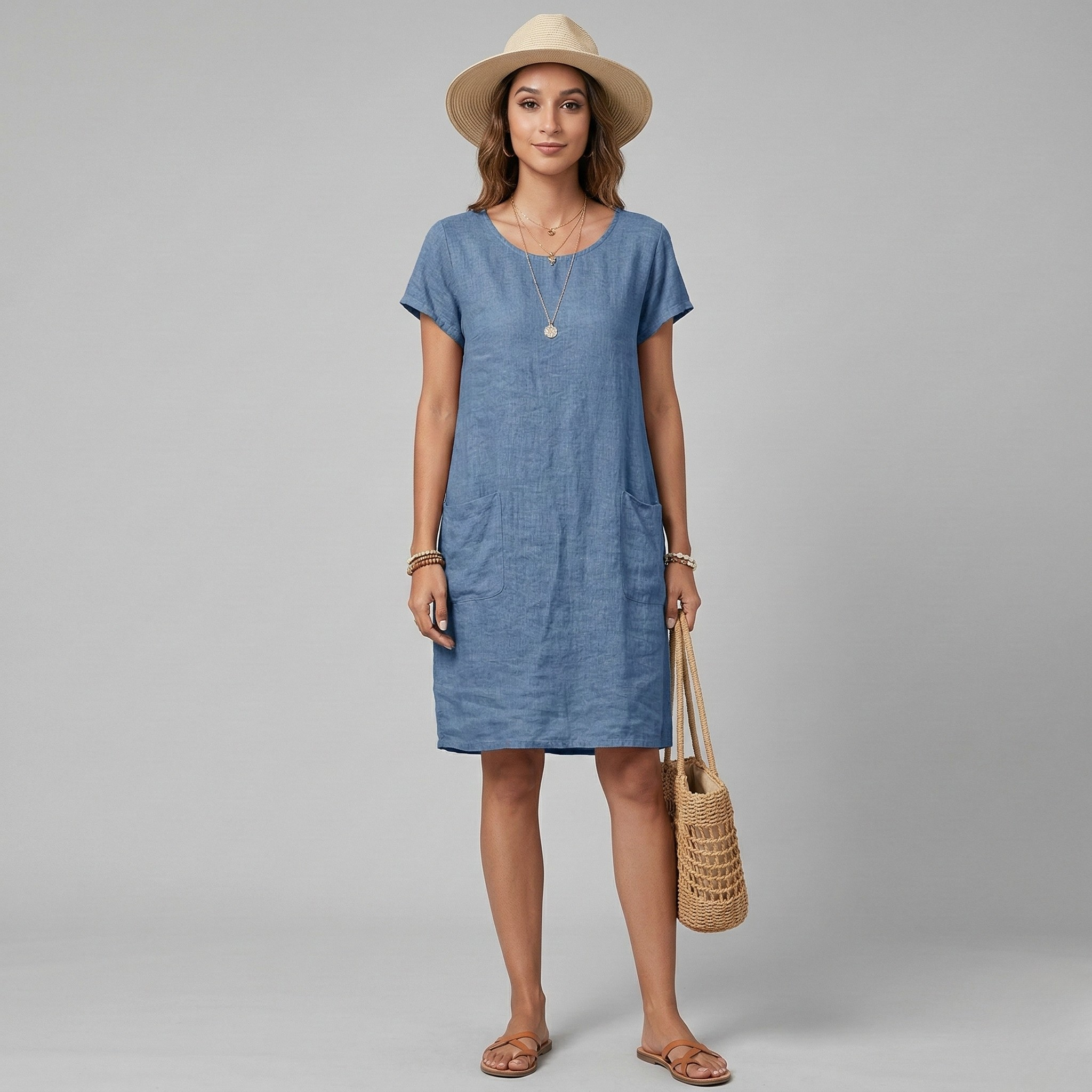 Women's Linen Mini Dress - Short Sleeve with Front Pockets