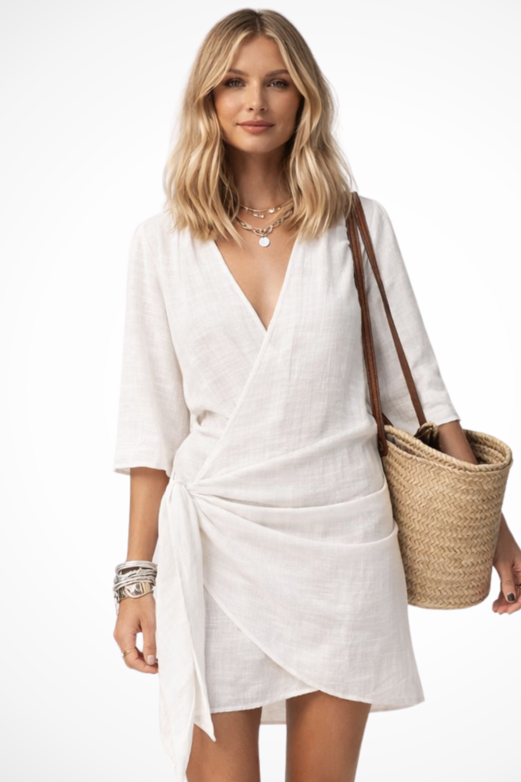 Women's Linen Mini Dress - V-Neck Wrap Front and Side Tie Detail