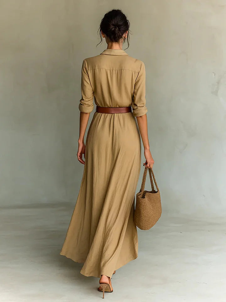 Women's Linen Ruched Maxi Shirt Dress - Waist Belt Style