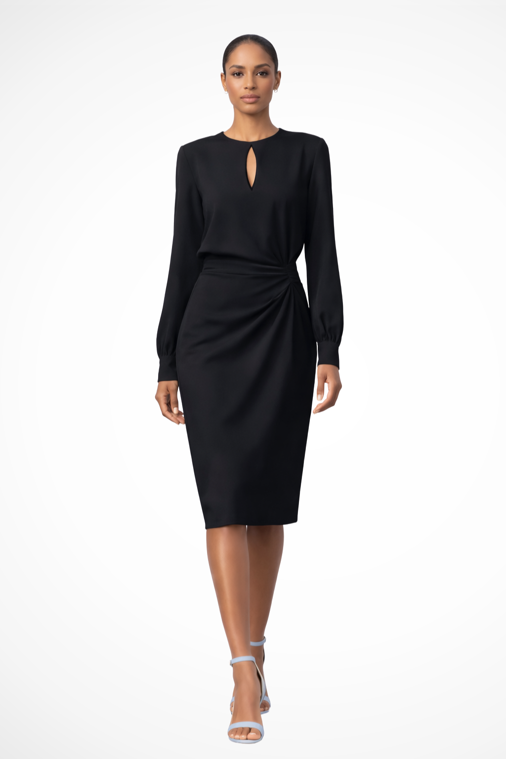 Women's Long Sleeve Midi Dress - Keyhole Neckline and Ruched Waist