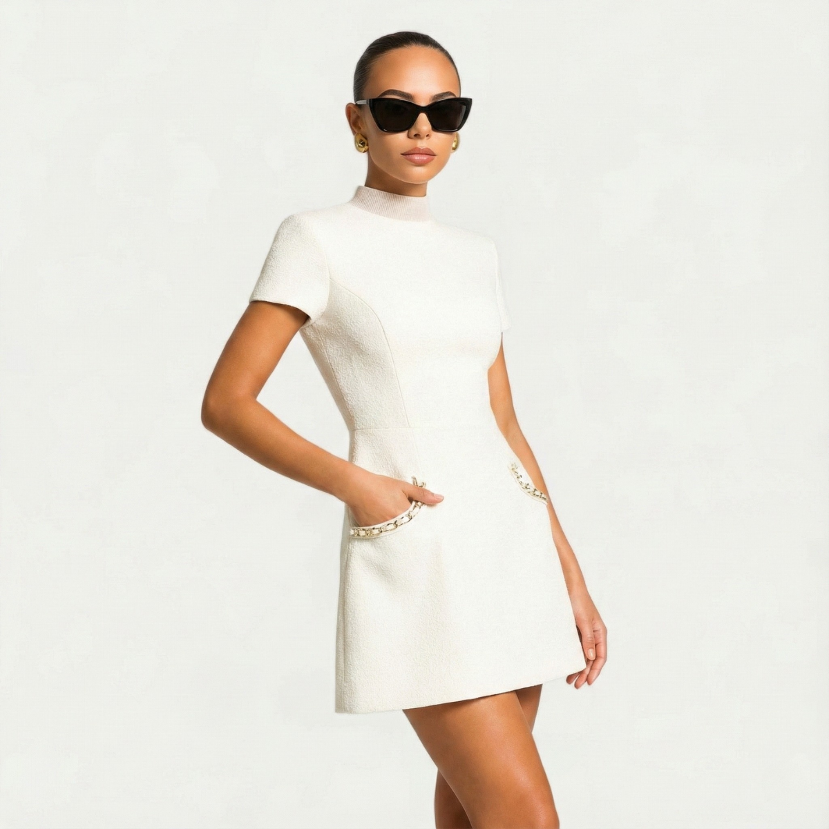 Women's Mini Dress - Pearl Trim and Pocket Detailing