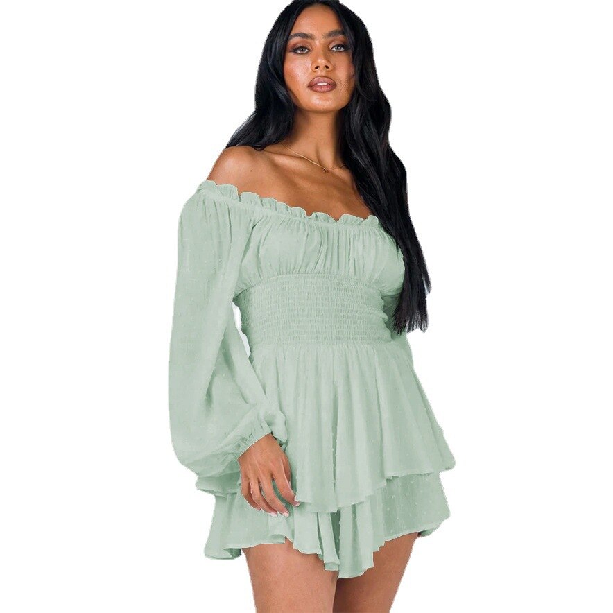 Women's Off-Shoulder Puff Sleeves Mini Dress - Ruffled Hem Design