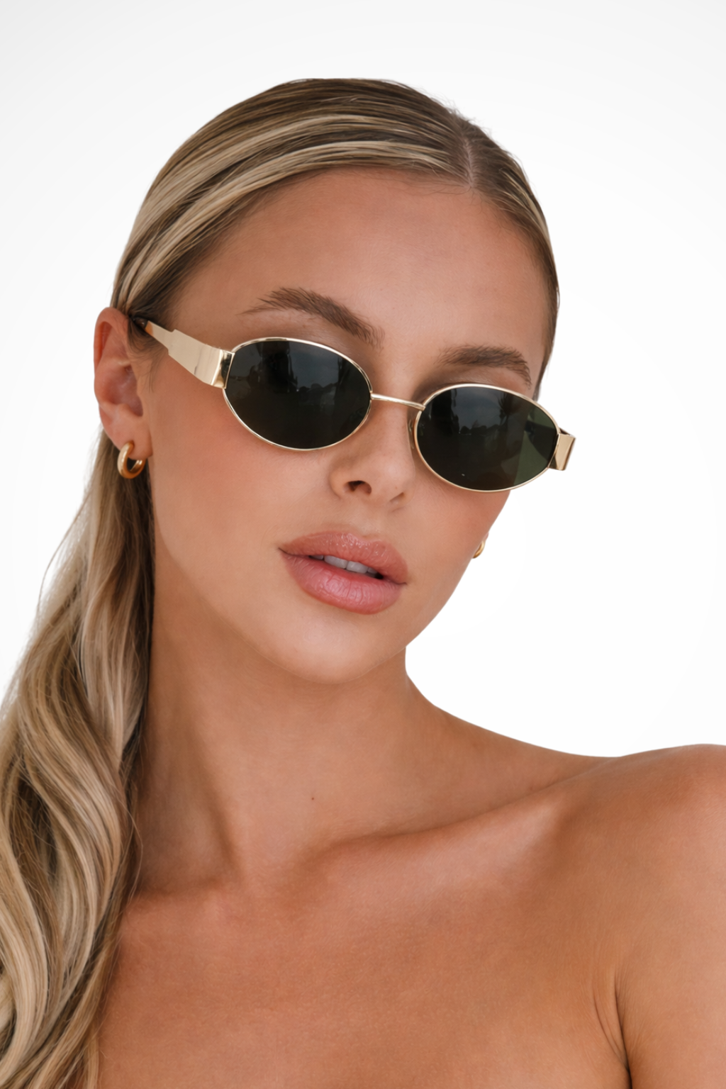 Women's Oval Sunglasses Metal Frame Retro Slim Black