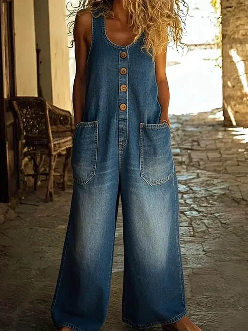 Women's Overalls Loose Fit Sleeveless Jumpsuit with Button Front