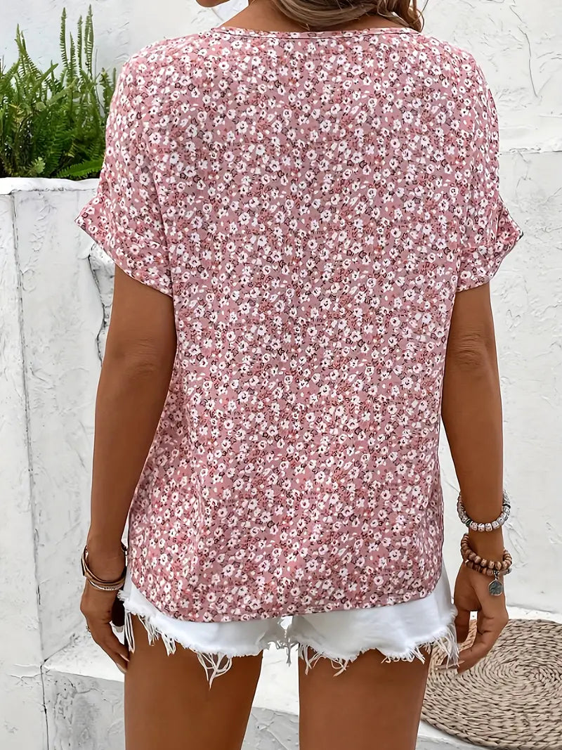 Women's Pink Blouse Floral Print V Neck Shirt