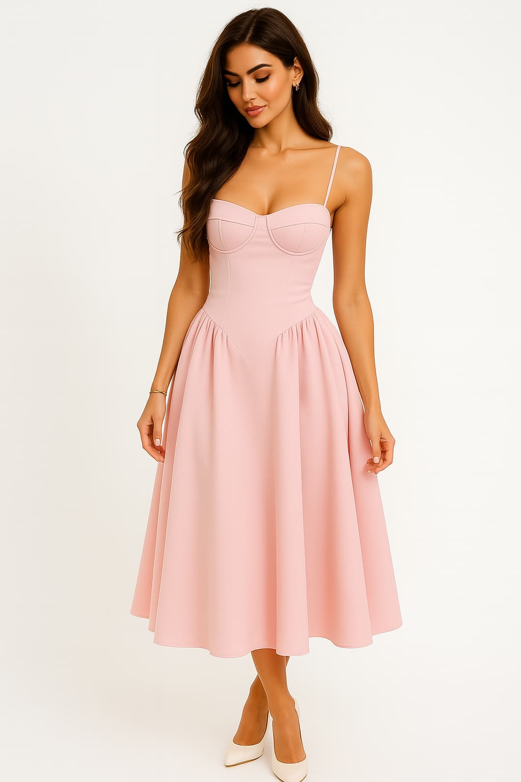 Women’s Pink Spaghetti Strap Midi Dress - Pleated & Corset Style