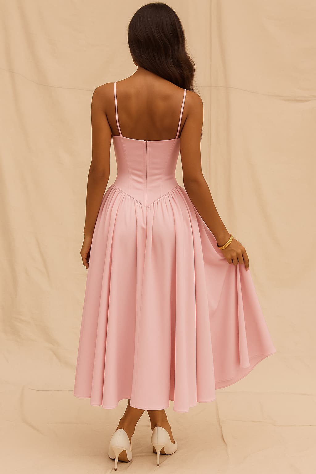 Women’s Pink Spaghetti Strap Midi Dress - Pleated & Corset Style