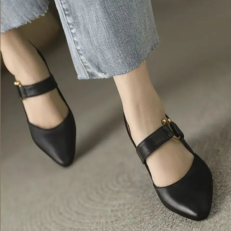 Women's Pointed Toe Slingback Heels - Flared Block Heel and Gold Ring Detail