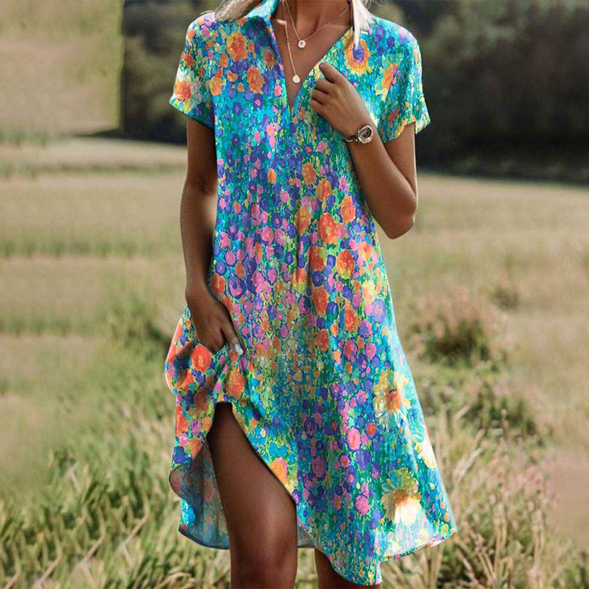 Women's Printed Midi Dress Speckled Pattern and Comfortable Scoop Neckline