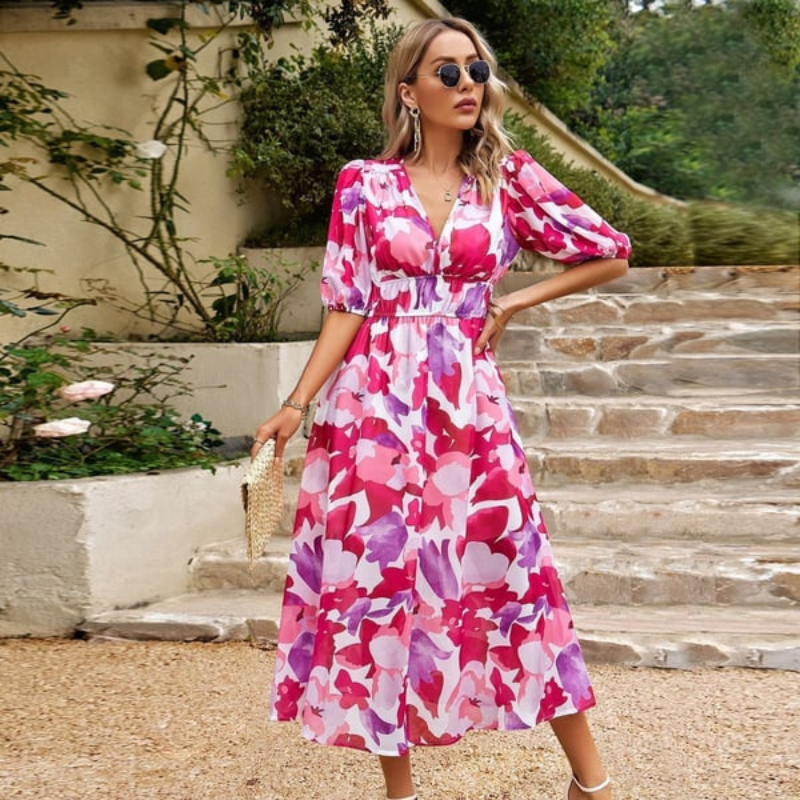 Women Floral Midi Dress Wedding Guest Puff Sleeve