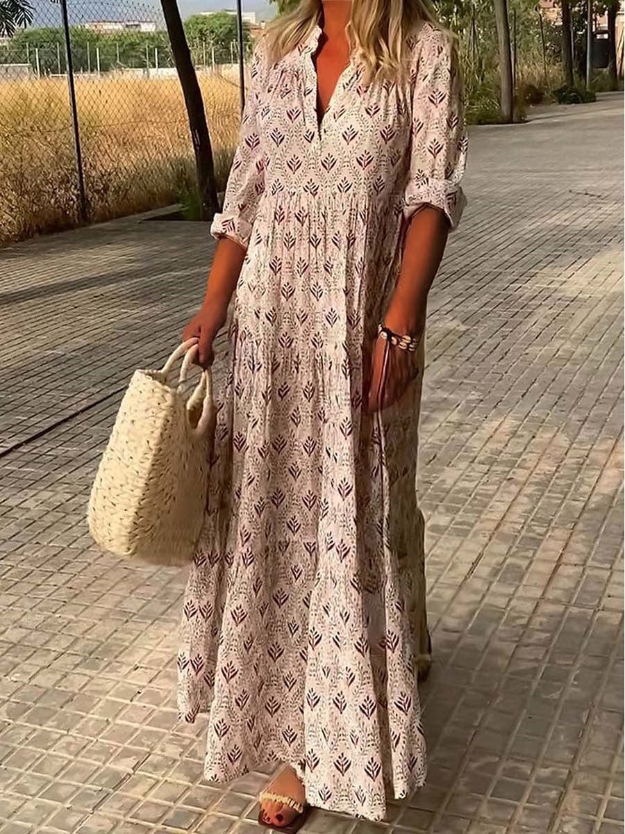 Women’s Printed V-Neck Maxi Dress – Ruffled Texture