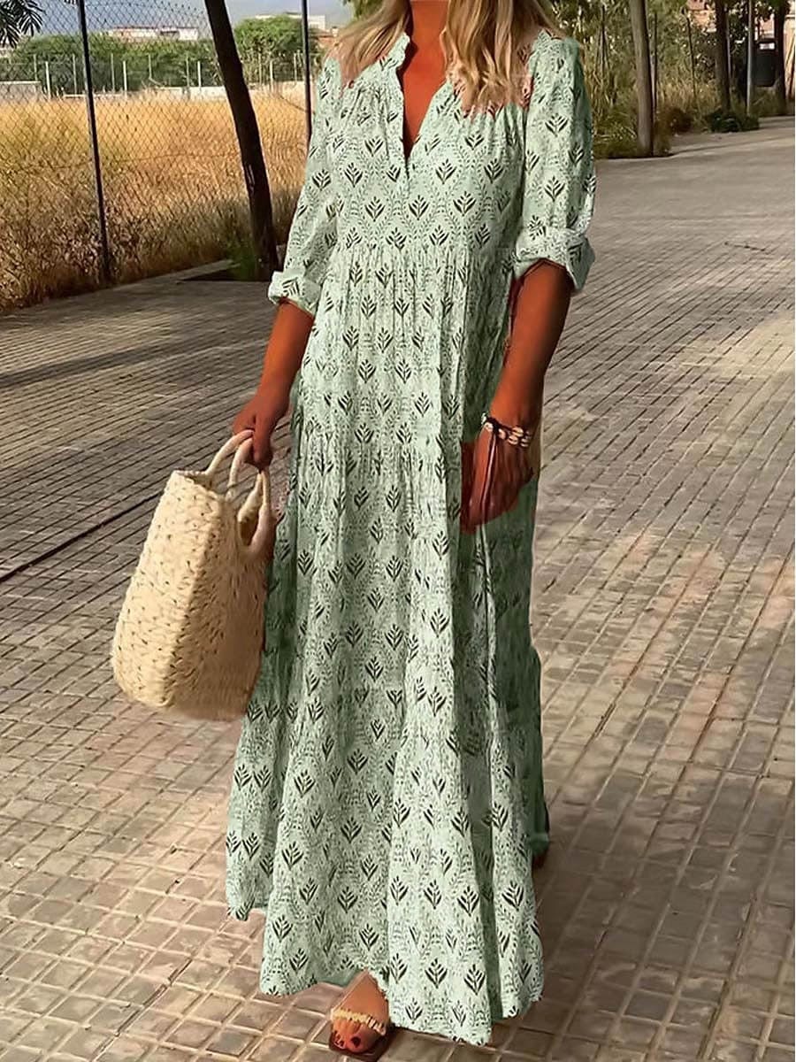 Women’s Printed V-Neck Maxi Dress – Ruffled Texture