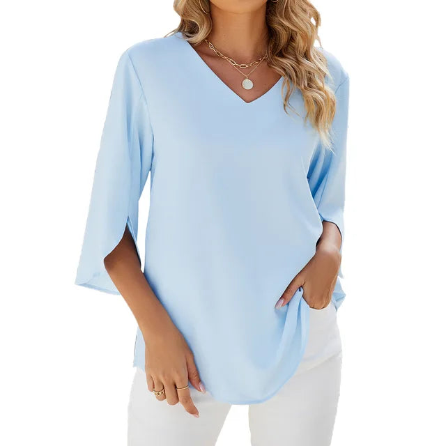 Women's Relaxed Fit V-Neck Blouse - Split Bell Sleeve