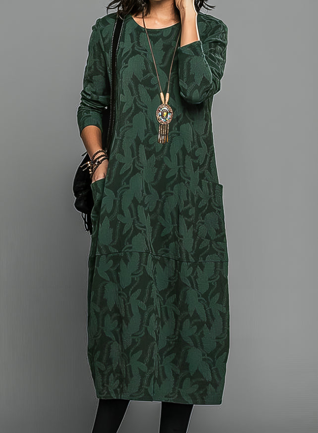Women's Relaxed Fit with Side Pockets Midi Dress - Leaf Pattern Print