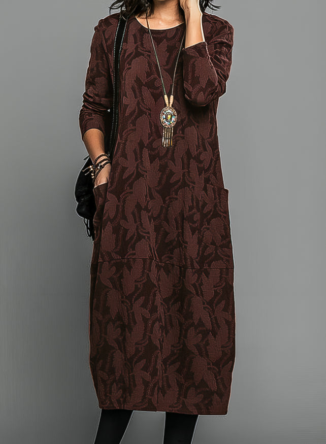 Women's Relaxed Fit with Side Pockets Midi Dress - Leaf Pattern Print