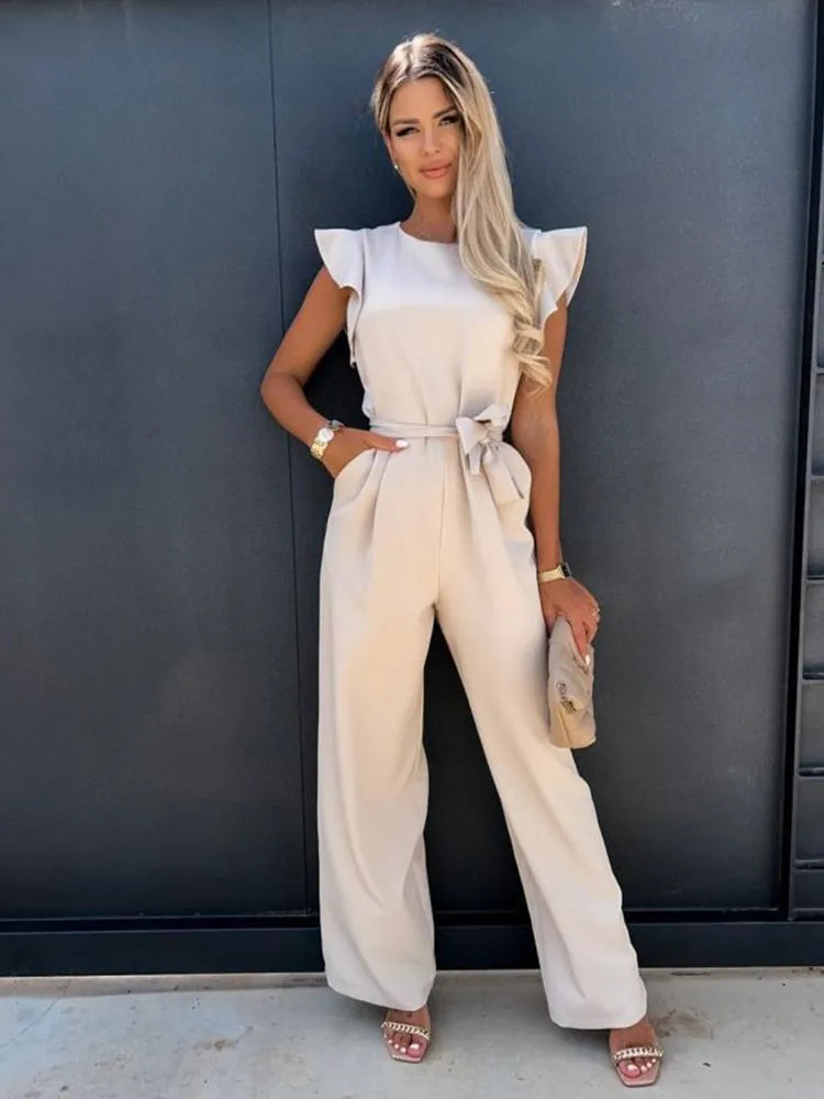 Women’s Ruffled Sleeve Wide Leg Jumpsuit - Adjustable Waist Tie