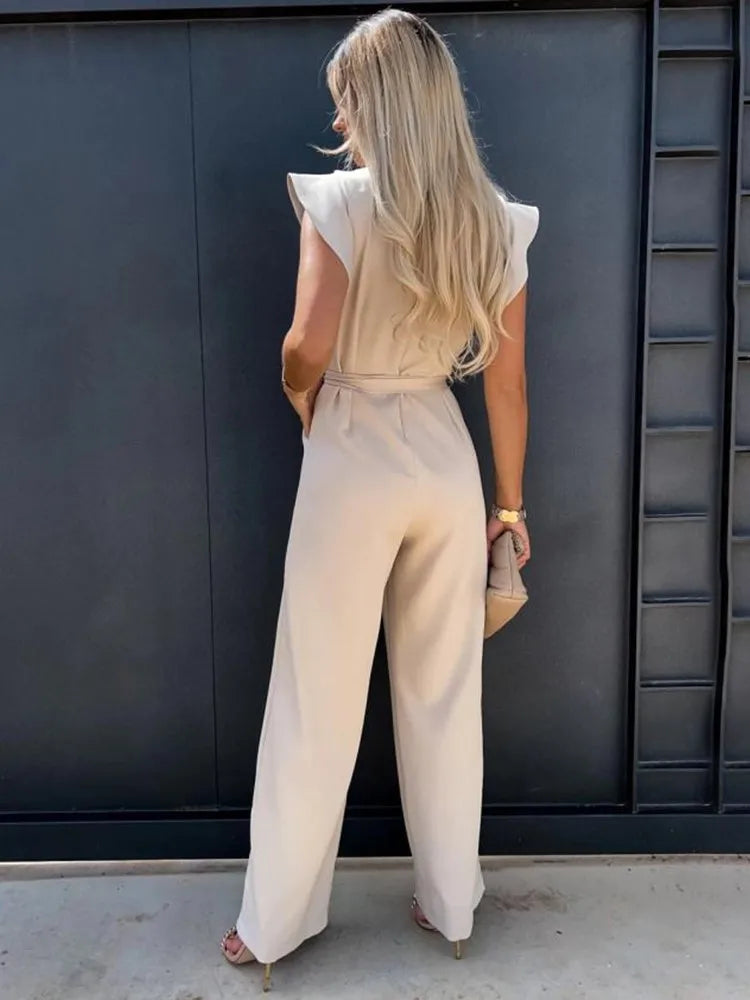 Women’s Ruffled Sleeve Wide Leg Jumpsuit - Adjustable Waist Tie