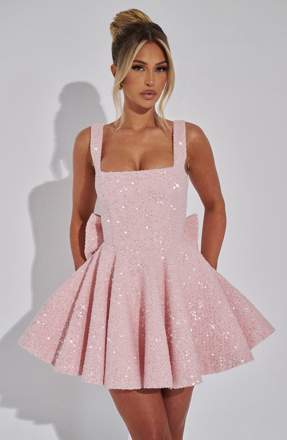 Women’s Sequin Prom Mini Dress - Square Neck A-Line and Back Bow