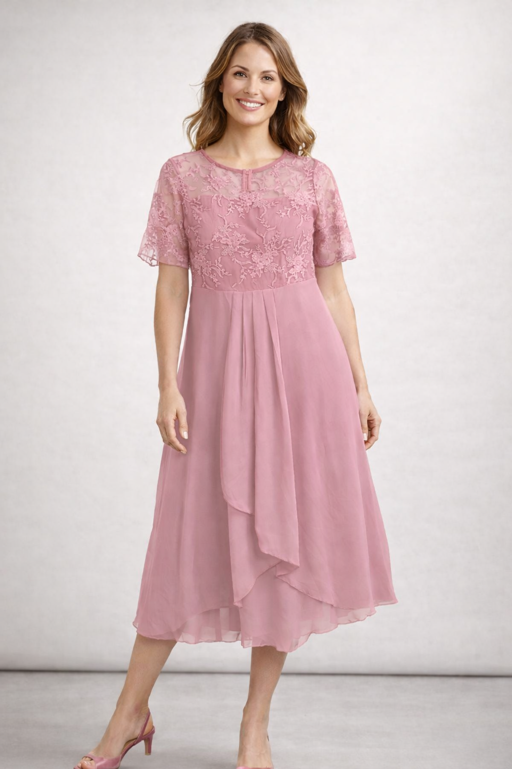 Women's Short Sleeve Midi Dress - Embroidered with Layered Skirt