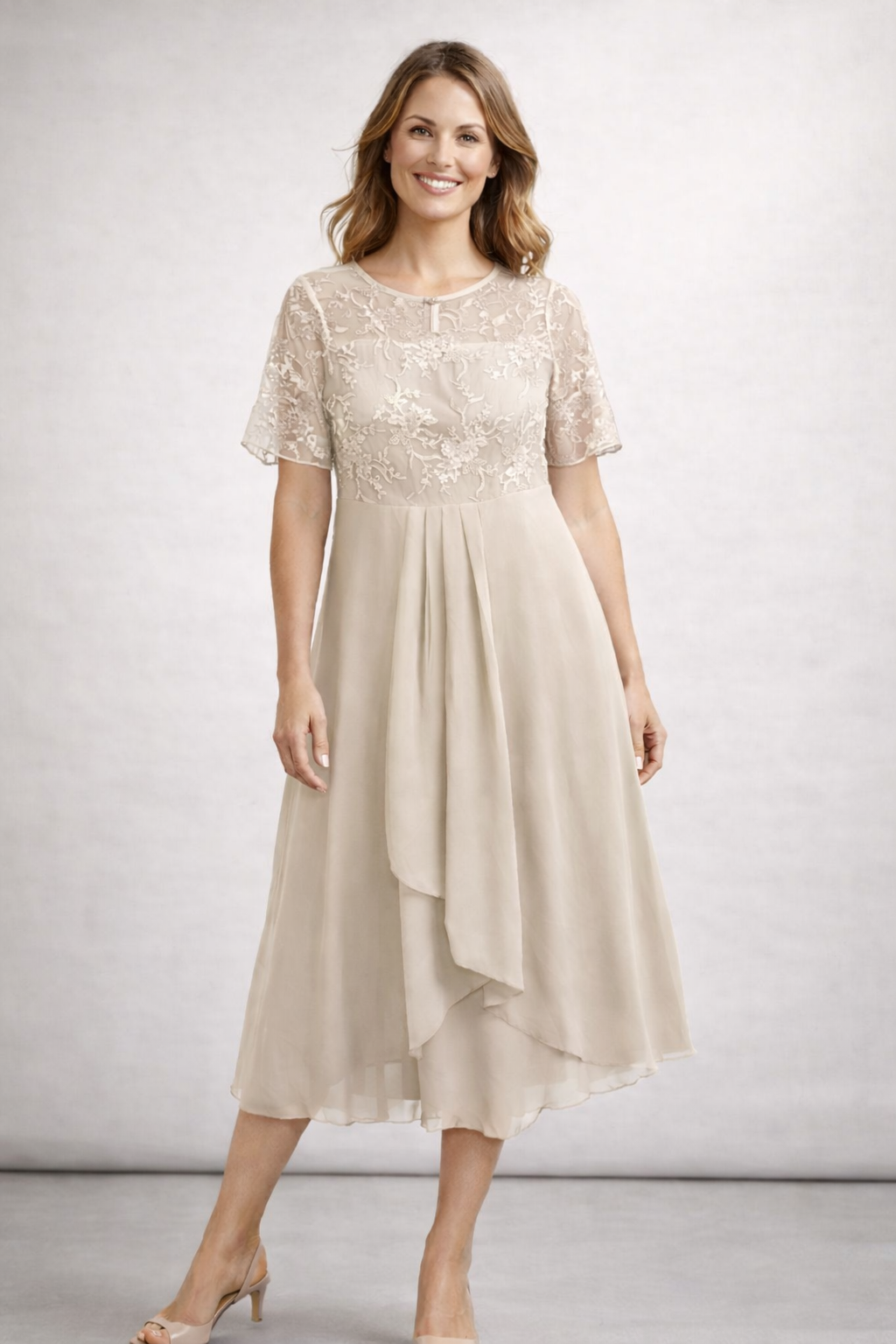 Women's Short Sleeve Midi Dress - Embroidered with Layered Skirt