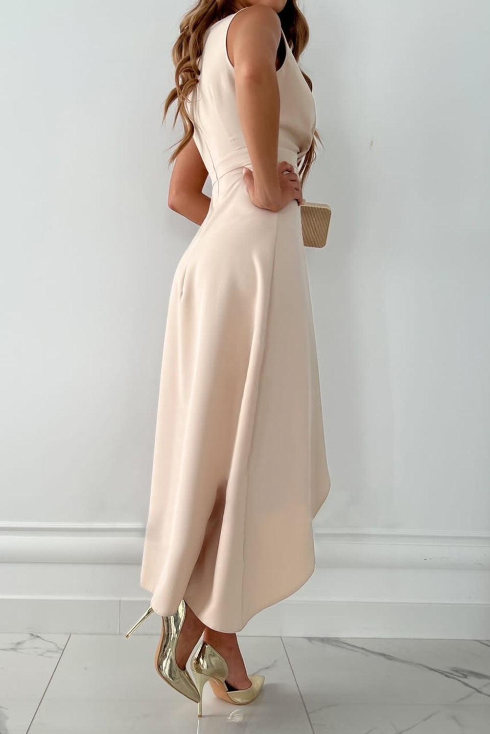 Women's Sleeveless Beige Midi Dress - V-Neck with Ruffle Detail