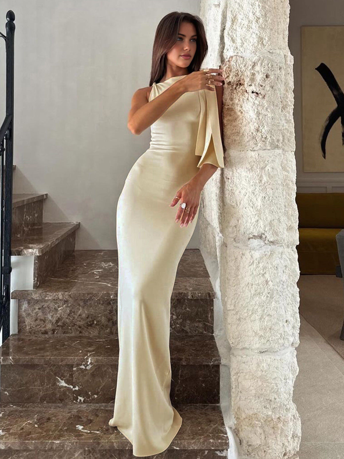 Women's Sleeveless Cream White Maxi Dress - Wedding Guest Dress with Glossy Finish