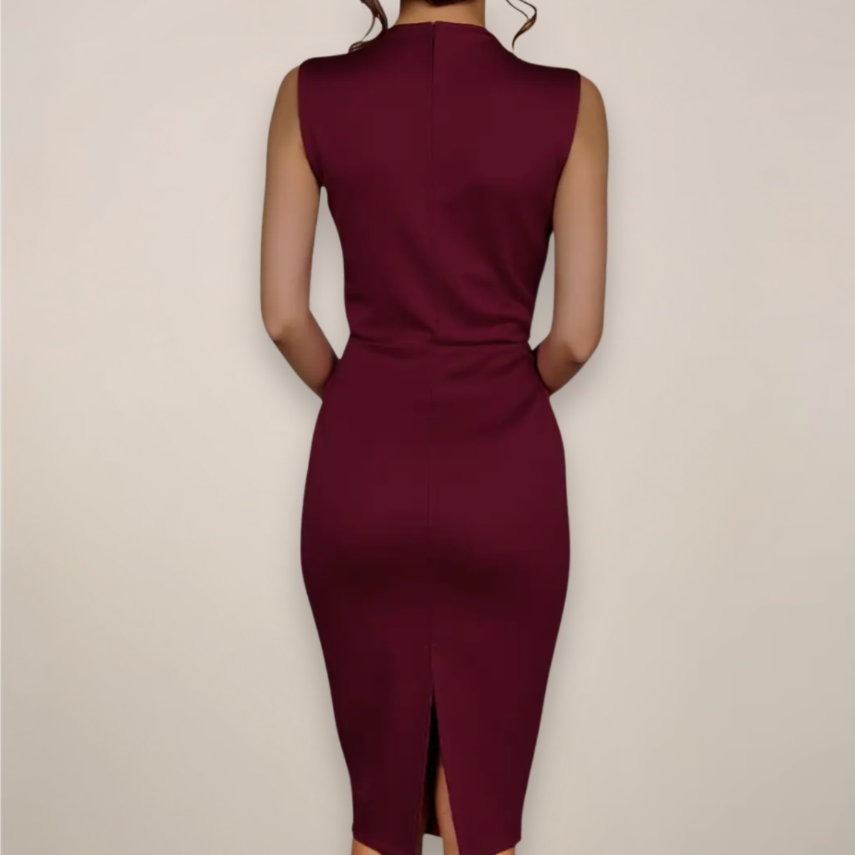 Women's Sleeveless Sheath Midi Dress - High Neck and Ruched Waist