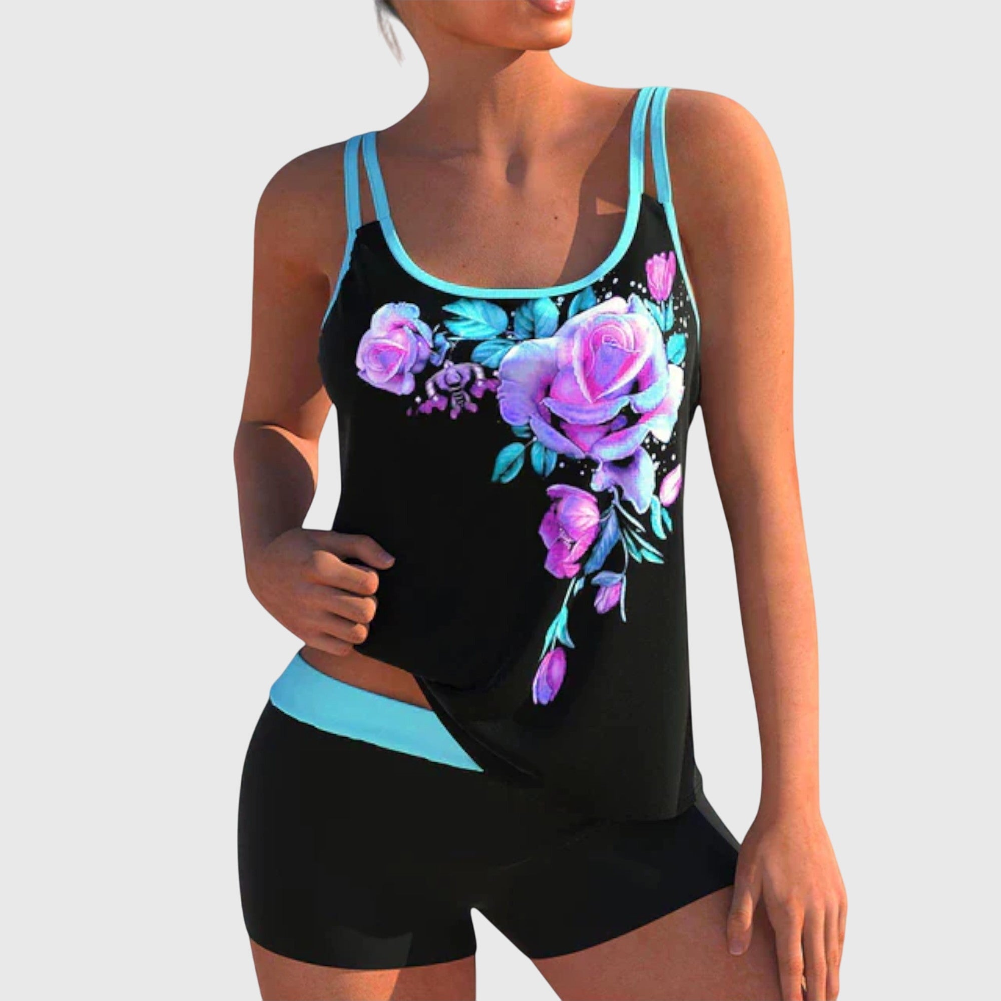 Women's Tankini Set - Floral Placement Print and Contrast Trim Boy Shorts Detail