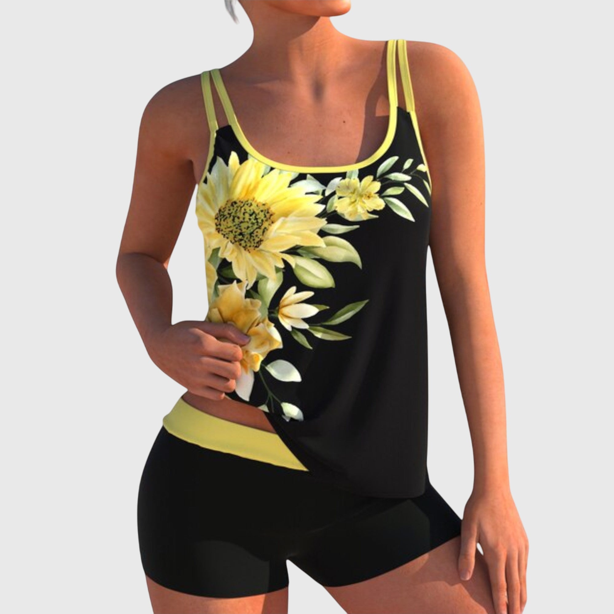 Women's Tankini Set - Floral Placement Print and Contrast Trim Boy Shorts Detail